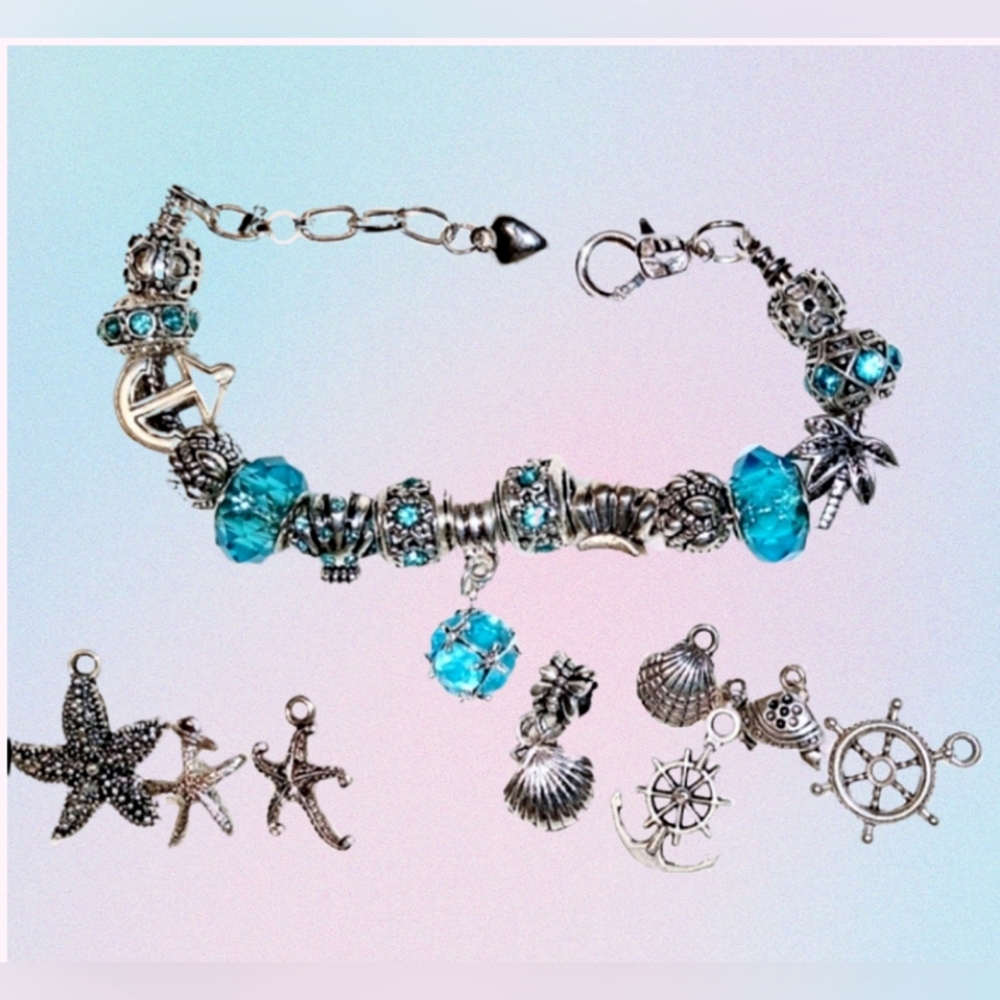 Sea-n-Sand Theme Bead Charm Bracelet Turtle, Anchor, Starfish, Seashells